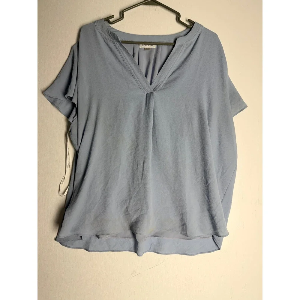 Calvin Klein Womens 2X Light Blue V-Neck Pleated Short Sleeve Blouse Top